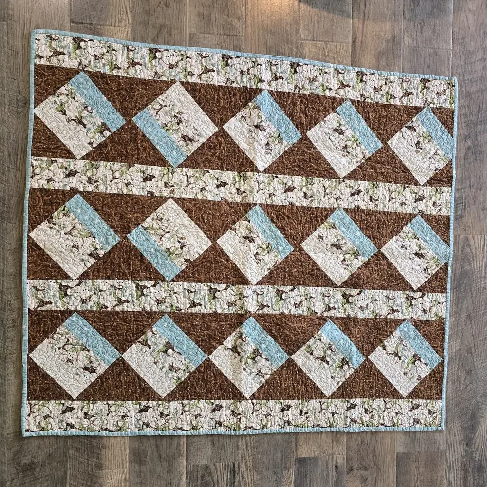 Handmade Snowman Christmas Quilt Throw Blanket Brown Blue 48x42 Lap Quilt Cozy